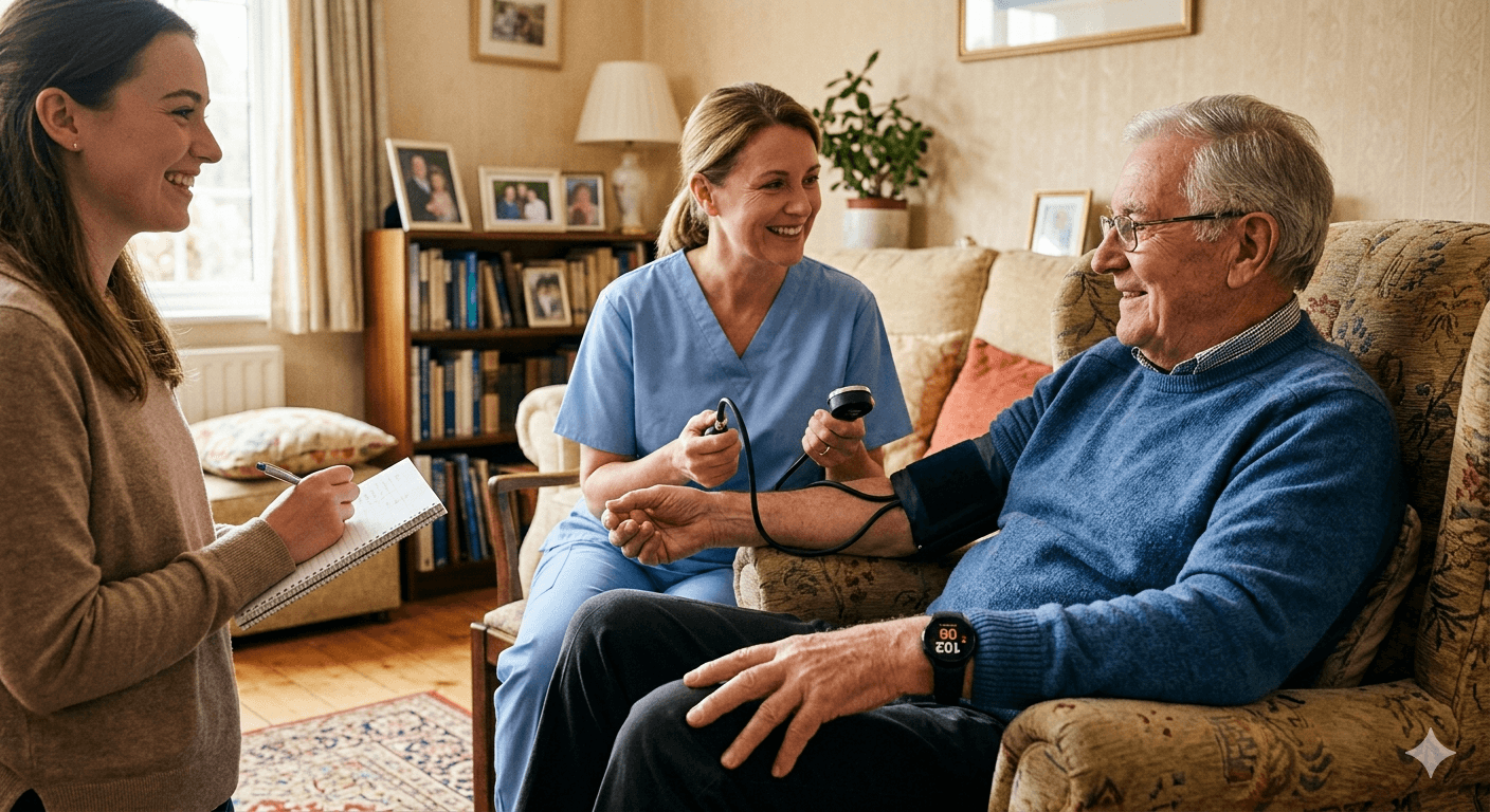 Медицинска сестра посещава клиент в дома му